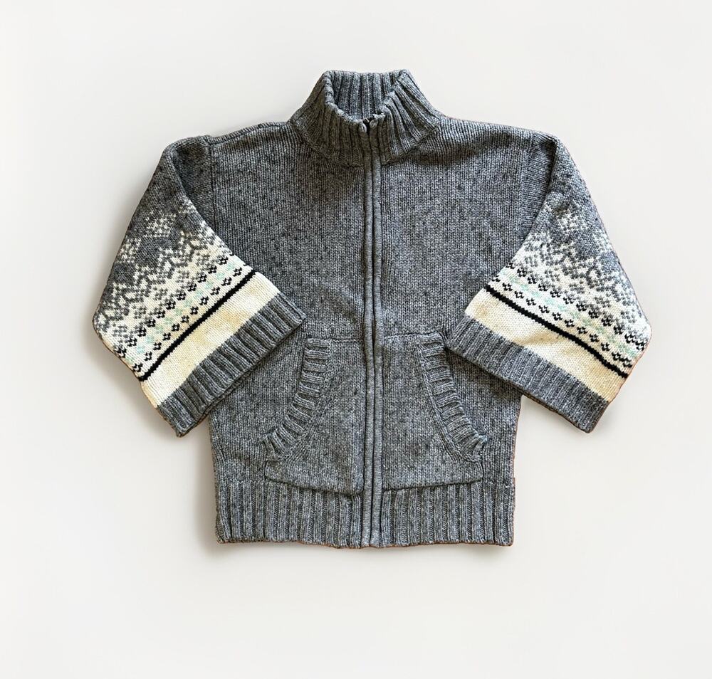 Wool Cotton Fair Isle Nordic Zip Sweater Size M Kimono Sleeve Gray Knit Y2K